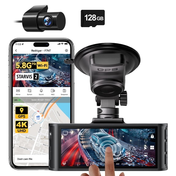 REDTIGER Touch Screen Dash Cam Front and Rear, 4K Dash Camera with STARVIS 2 Sensor, Free 128GB Card, Car Camera with Wifi GPS, Voice Control, WDR,5.8GHz WiFi, 24H Parking Mode, Night Vision