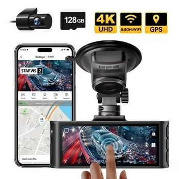 REDTIGER Touch Screen Dash Cam Front and Rear, 4K Dash Camera with STARVIS 2 Sensor, Free 128GB Card, Car Camera with Wifi GPS, Voice Control, WDR,5.8GHz WiFi, 24H Parking Mode, Night Vision