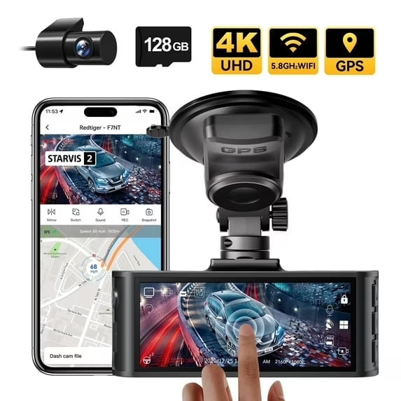 REDTIGER Touch Screen Dash Cam Front and Rear, 4K Dash Camera with STARVIS 2 Sensor, Free 128GB Card, Car Camera with Wifi GPS, Voice Control, WDR,5.8GHz WiFi, 24H Parking Mode, Night Vision