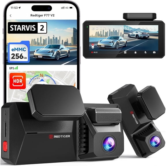 REDTIGER Dual 4K Dash Cam for Cars, STARVIS 2 IMX678 Front and Rear Dash Camera with 256GB eMMC, Dual HDR, Voice Control, 4'' Touch Screen, Built-in 5.8GHz Wifi GPS, HDR Night Vision