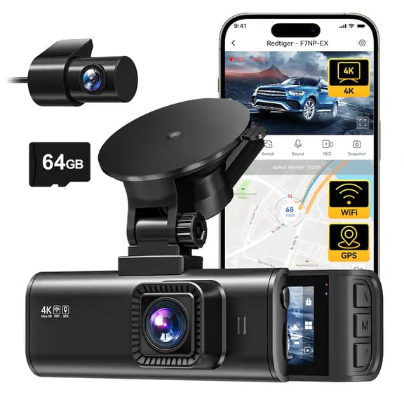 REDTIGER Dash Cam for Cars, 4K/2.5K Full HD Car Camera Dash Cam, 3.16 IPS Screen Dash Cam, Dashcam Built-in Wi-Fi GPS, Night Vision, Loop Recording, Vehicle, Parking Mode, Free 64GB Card