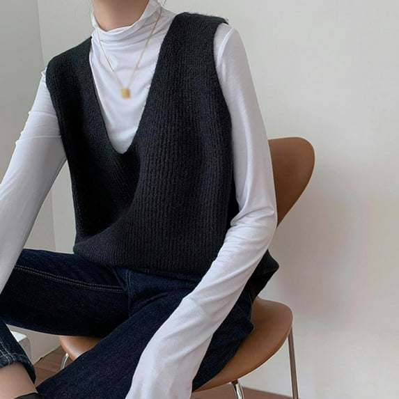 REDUCE Women's Knit Sweater Vest Women Sweater Vests V Neck Sleeveless Uniform Pullover Knitwear Tops