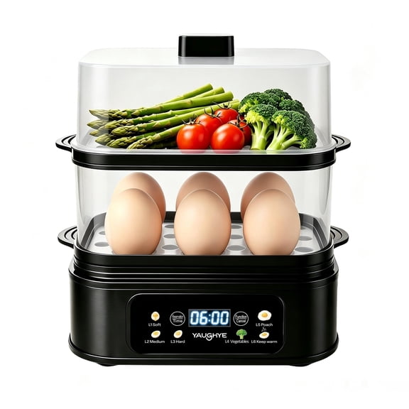 Rapid Egg Cooker Electric, Soft Medium Hard Boiled Egg Cooker, 12 Eggs Egg Boiler, Egg Steamer, Food & Vegetable Steamer, LED 24h Timer, Digital Auto Shut-off, 2 Tilers,Black