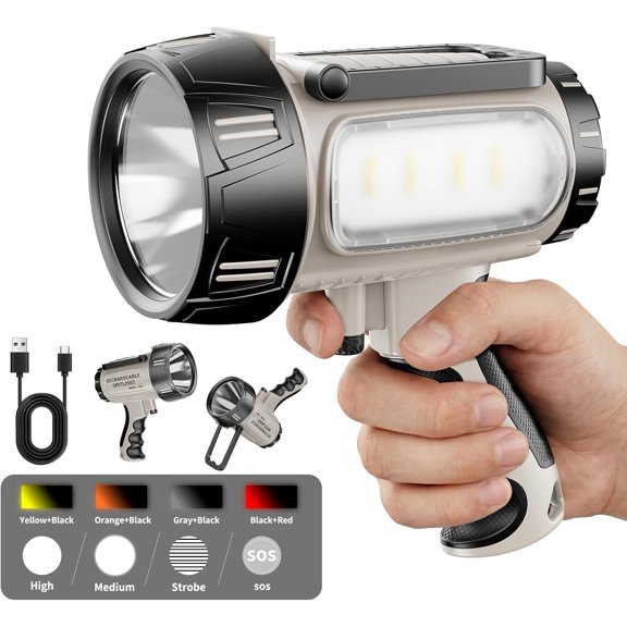 REDVIO Rechar able Handheld Floodlight 10000 Lumens High Bright Long Shooting Dual Light Side Light 4 Lighting Modes IPX6 Waterproof Emer ncy Camping Fishing Flashlight (Gray)
