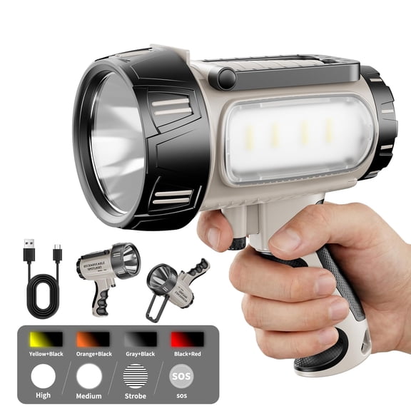 REDVIO Rechargeable Spotlight with 100,000 Lumens High Gloss LED Lightweight Shock Resistant Handheld Spotlight with Folding Stand (Gray)