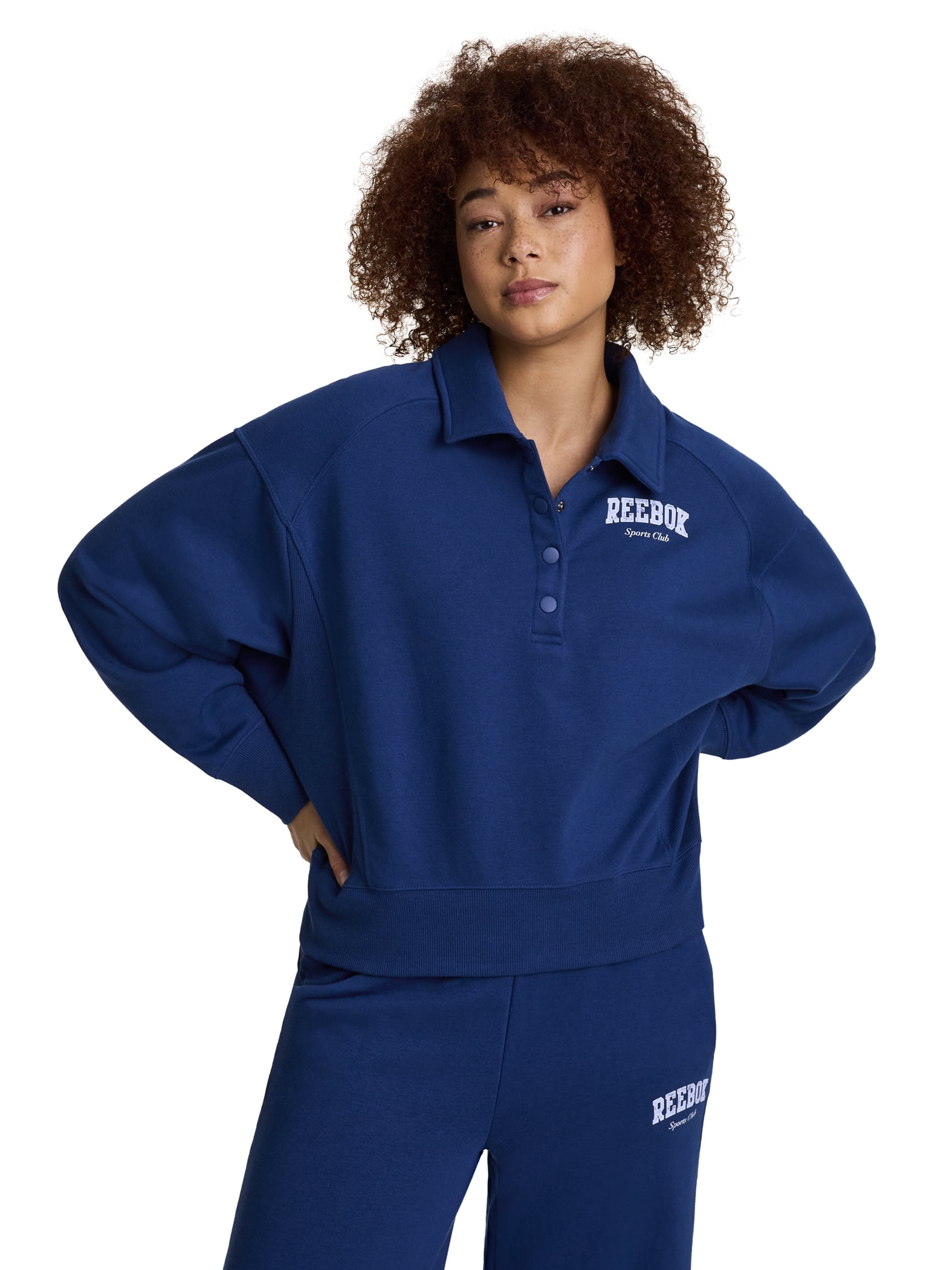Women's and Women's Plus All Seasons Oversize Polo Sweatshirt, Sizes XS-4X