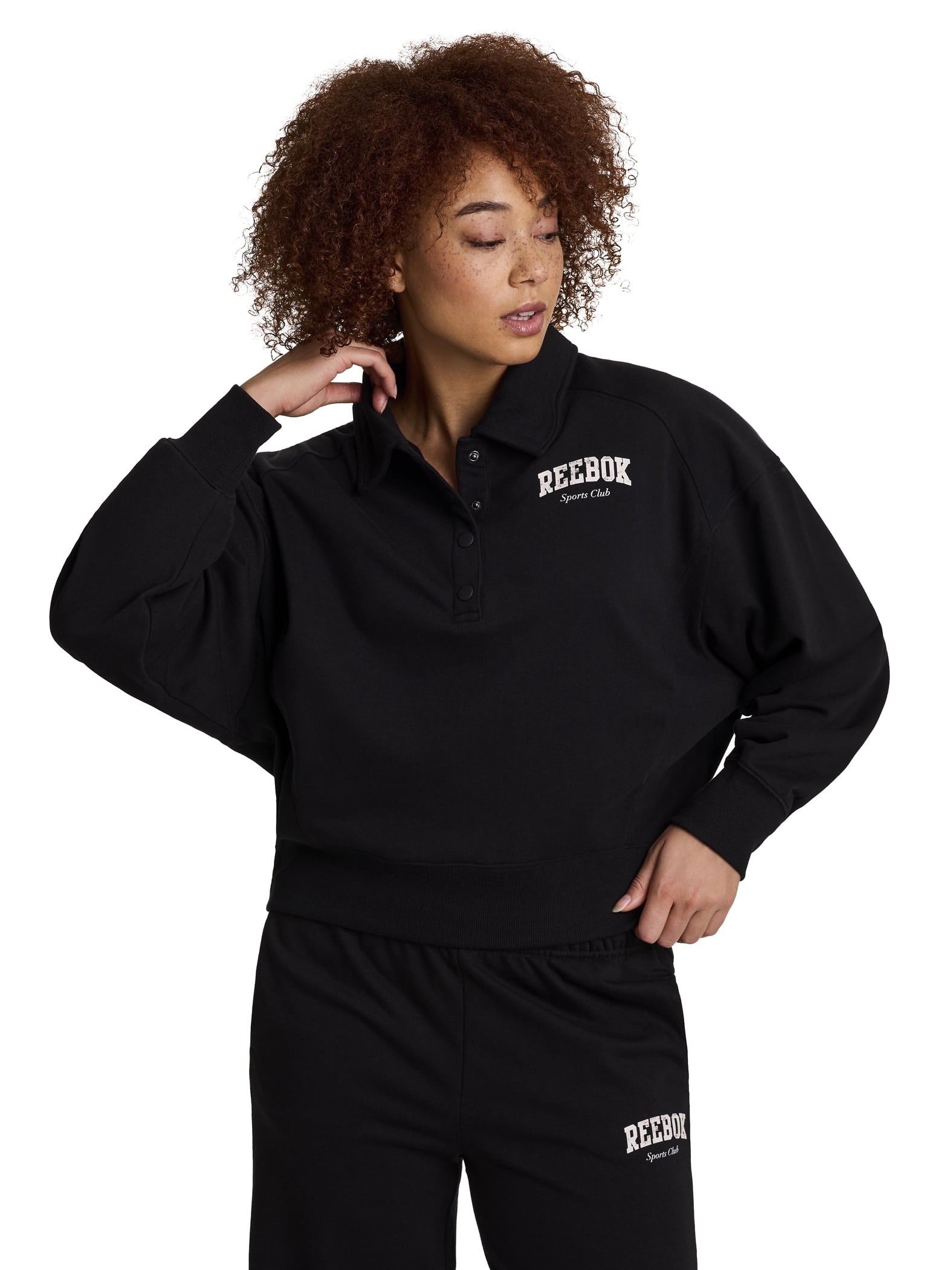 Women's and Women's Plus All Seasons Oversize Polo Sweatshirt, Sizes XS-4X