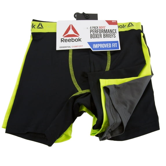 REEBOK Boy's 4 Pack Performance Boxer Briefs, Black/Yellow, Medium(8/10)