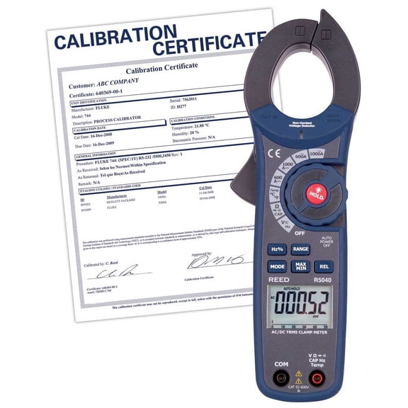 REED Instruments R5040 1000A True RMS AC/DC Clamp Meter with NIST Calibration Certificate