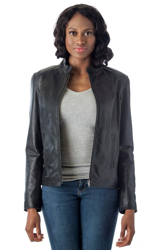® Women's Moto Leather Fashion Jacket - Genuine Leather Coat (5XL, Black)