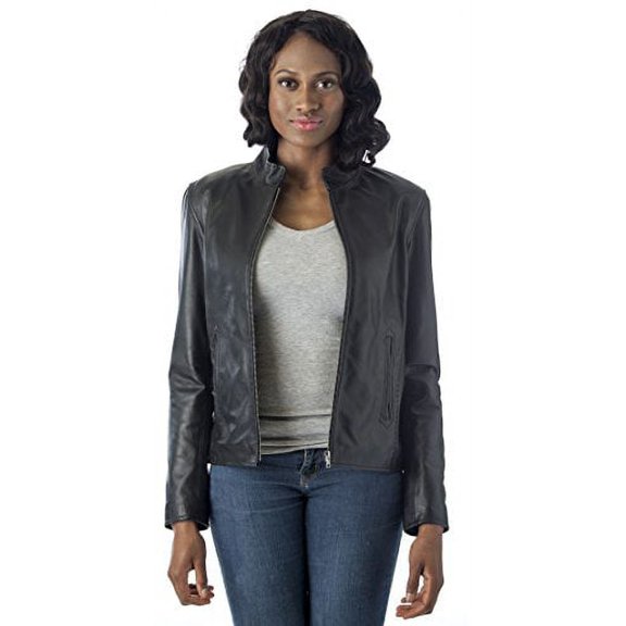 REED® Women's Moto Leather Fashion Jacket - Genuine Leather Coat (XL, Black)