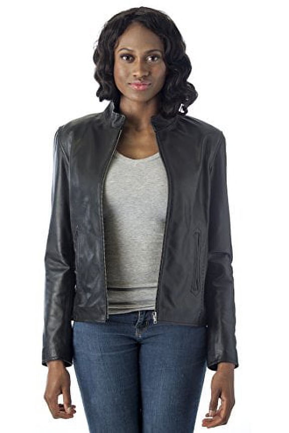 ® Women's Moto style Real Leather Jacket (Large, Black)