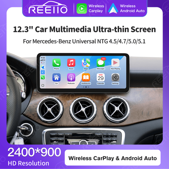 REEIIO New 12.3 Inch 2400*900P 2.5D Radian Linux Ultra-thin IPS TouchScreen For NTG5.0/5.1 System B Class W246 Chassis 16-18 Year With Android Mirror Link AirPlay Carplay HD Resolution