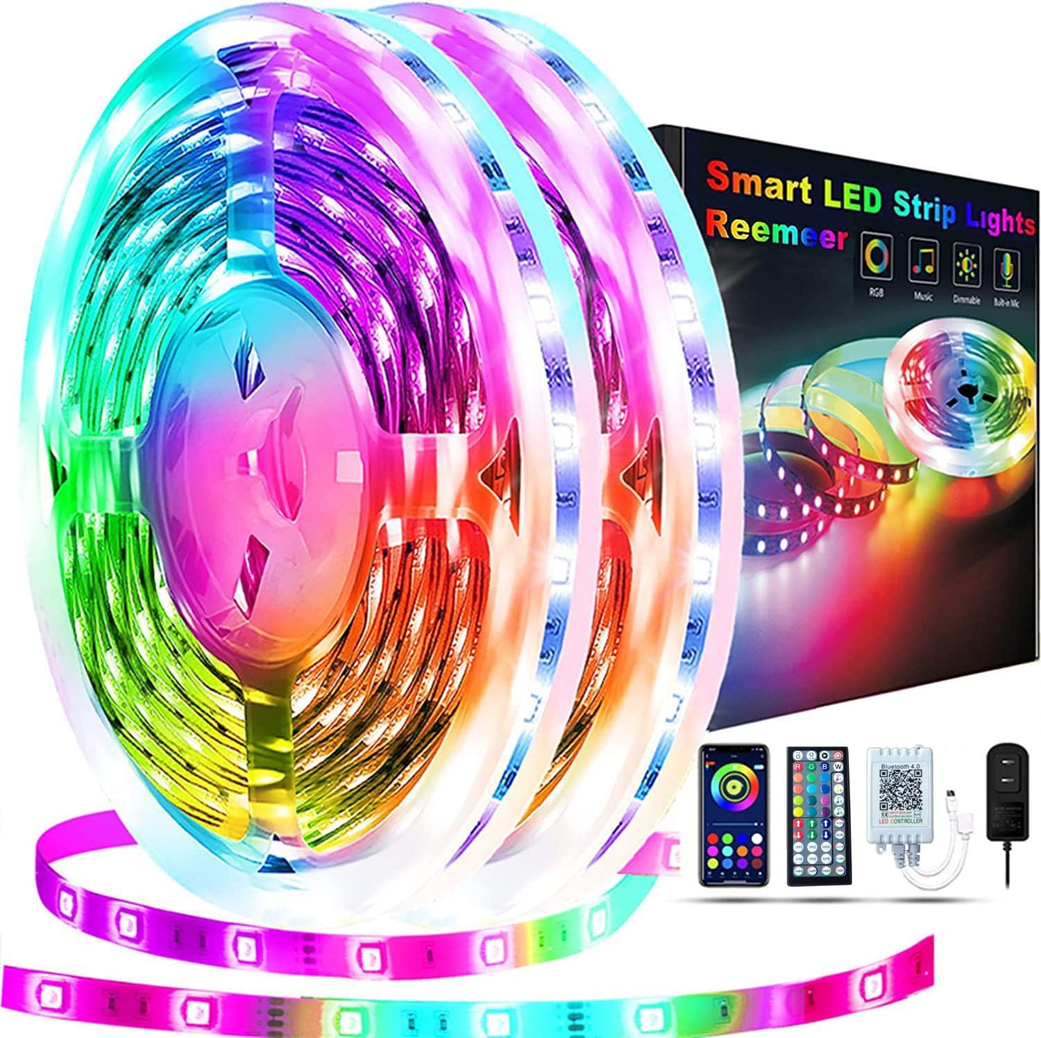 Reemeer 100ft Smart APP Control Music Sync LED Strip Lights, RGB Color ...
