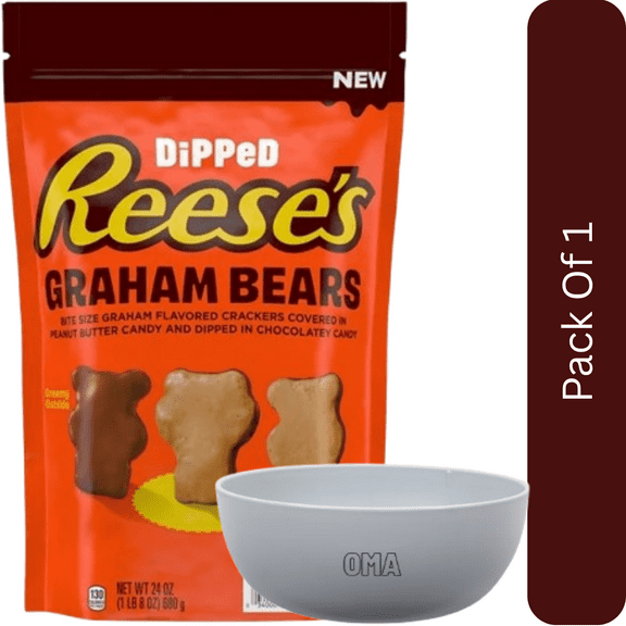 REESES Chocolate & Peanut Butter Candy Dipped Graham Bears, 24 oz, With Olive White Bowl By OMA