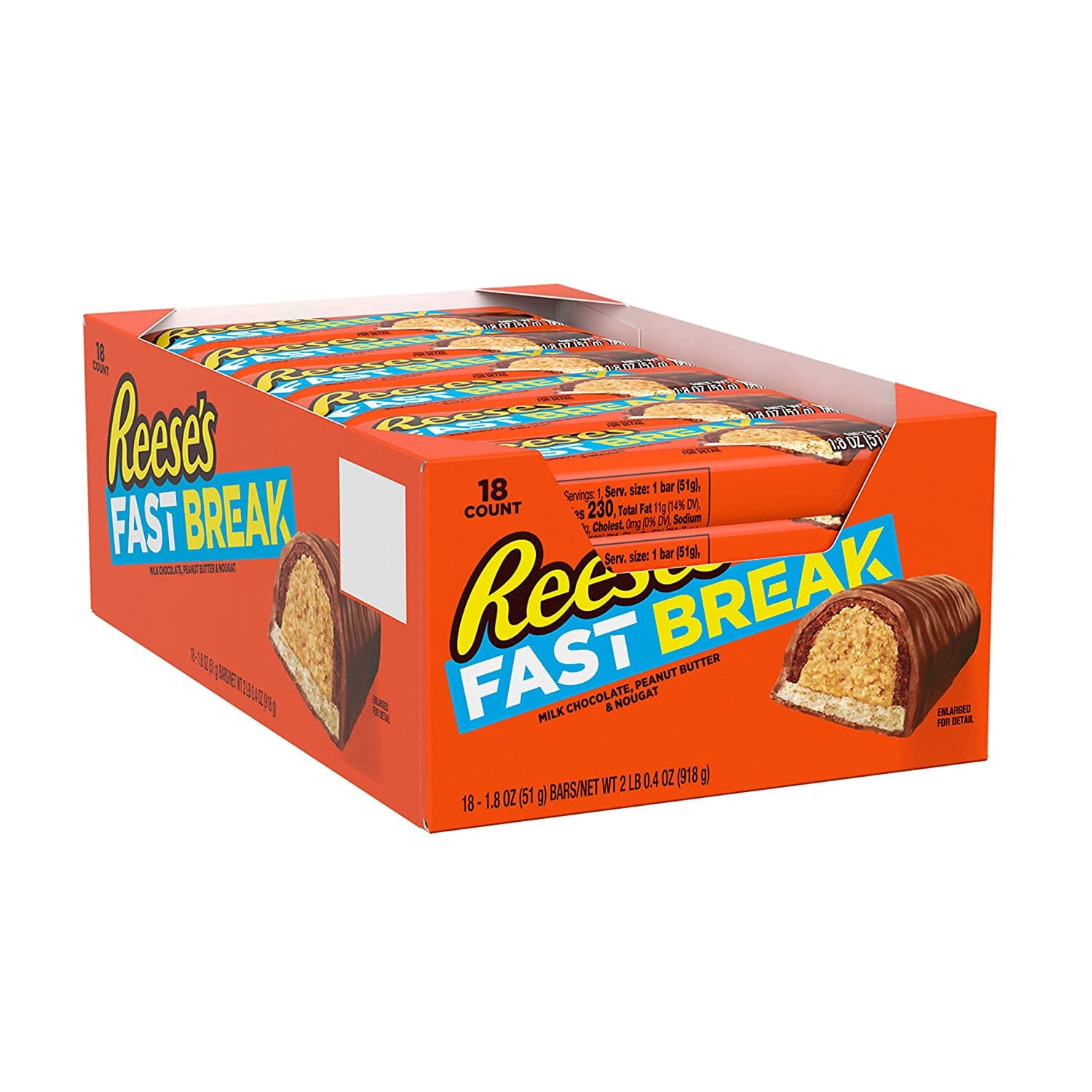 REESE'S FAST BREAK Milk Chocolate, Peanut Butter and Nougat Candy, Bulk, Gluten Free, 1.8 oz Bars (18 Count)