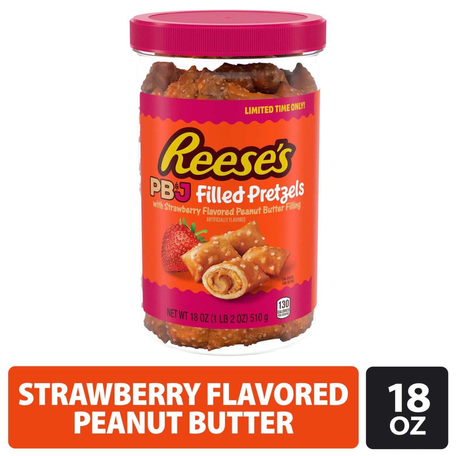 Reese's Pb&J Strawberry Flavored Peanut Butter Filled Pretzels, Plastic Jar 18 Oz
