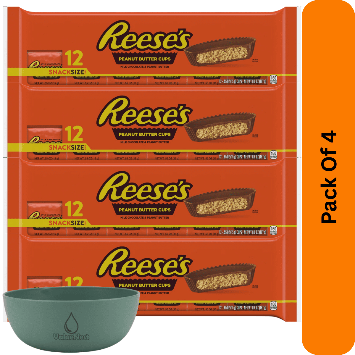 REESE'S Milk Chocolate Peanut Butter Cup Snack Size Bar 6.6 oz 12-Pack, With Olive Green Bowl By ValueNest