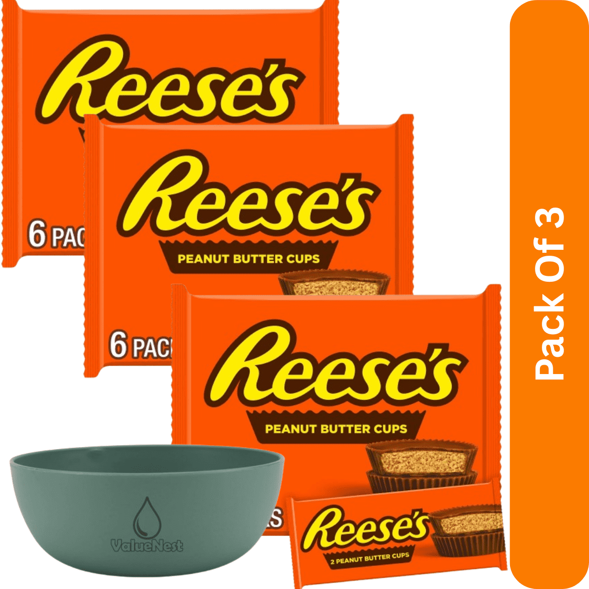 REESE'S Milk Chocolate Peanut Butter Cups Candy, 1.5 oz Packs, 6 Count, 3Pk, WIth Olive Green Bowl By ValueNest