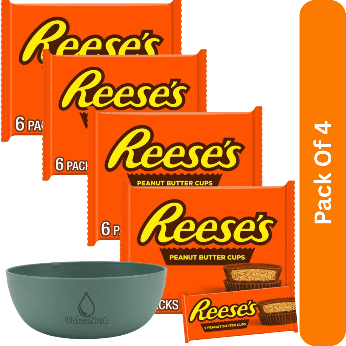 REESE'S Milk Chocolate Peanut Butter Cups Candy,6 Count, 1.5 oz Packs, With Olive Green Bowl By ValueNest