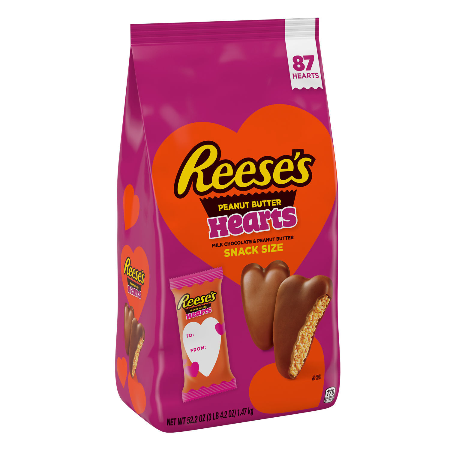 REESE'S, Milk Chocolate Peanut Butter Hearts Snack Size Candy, Valentine's Day, 52.2 oz, Bulk Bag (87 Pieces) - image 1 of 6