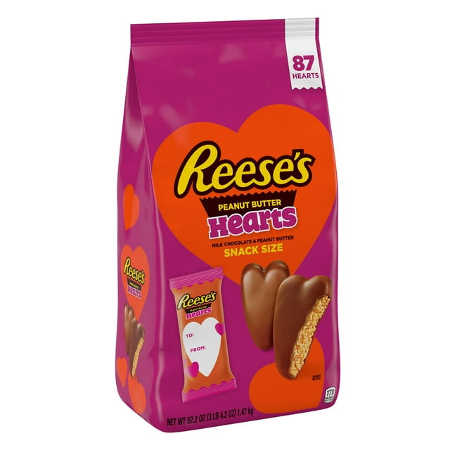 REESE'S, Milk Chocolate Peanut Butter Hearts Snack Size Candy, Valentine's Day, 52.2 oz, Bulk Bag (87 Pieces)