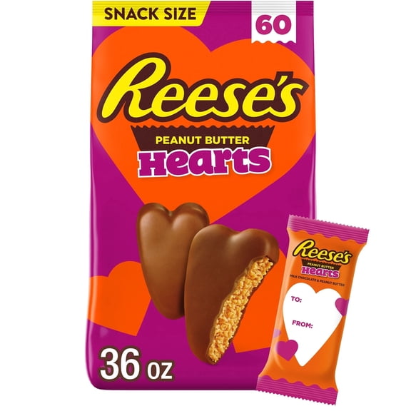 REESE'S Milk Chocolate Snack Size Peanut Butter Hearts, Valentine's Candy Bag, 36 oz (60 Pieces)