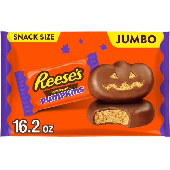 REESE'S Milk Chocolate Snack Size Peanut Butter Pumpkins Halloween Candy, 16.2 oz Bag, Pack of 3