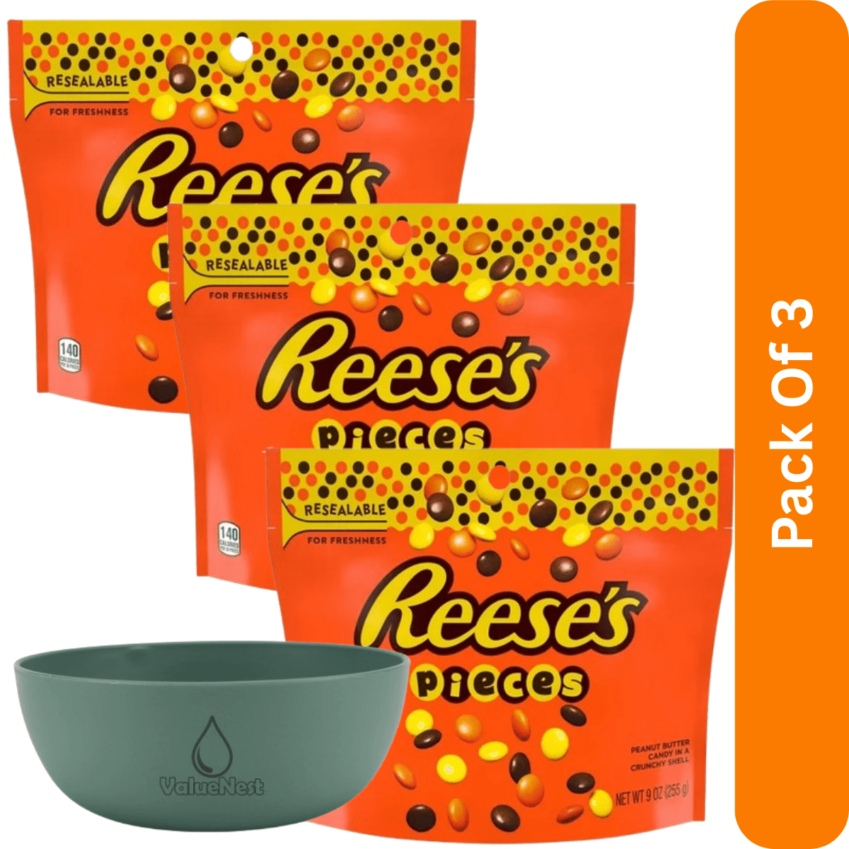REESE'S PIECES Peanut Butter,  9 oz in a Crunchy Shell Candy Bag, With Olive Green Bowl By ValueNest
