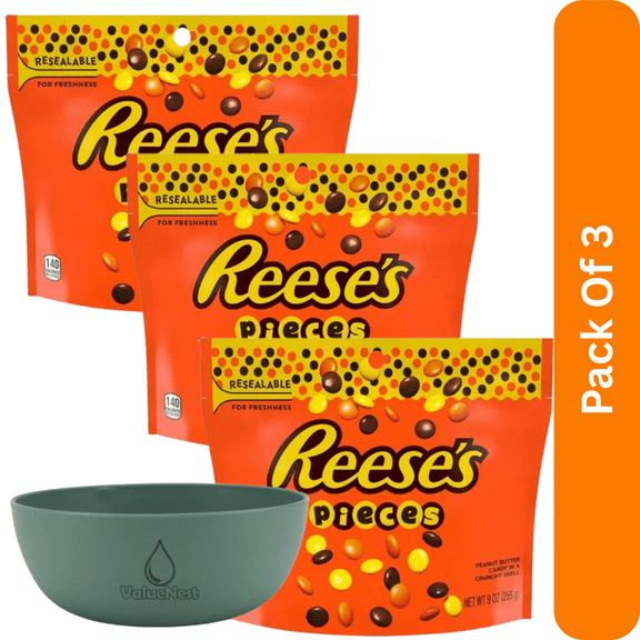 REESE'S PIECES Peanut Butter,  9 oz in a Crunchy Shell Candy Bag, With Olive Green Bowl By ValueNest
