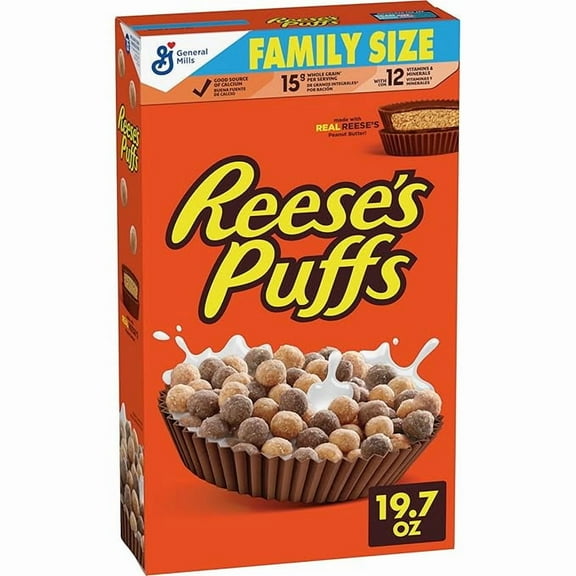 REESES PUFFS Chocolatey Peanut Butter Cereal, Kid Breakfast Cereal, Family Size, 19.7 oz ( Pack of 2 )