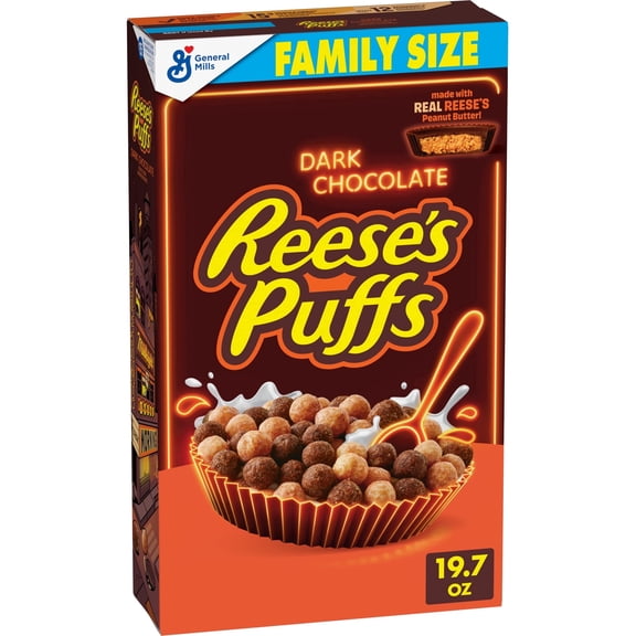 REESE'S PUFFS Dark Chocolate Cereal, with Real REESE'S Peanut Butter, Family Size, 19.7 oz