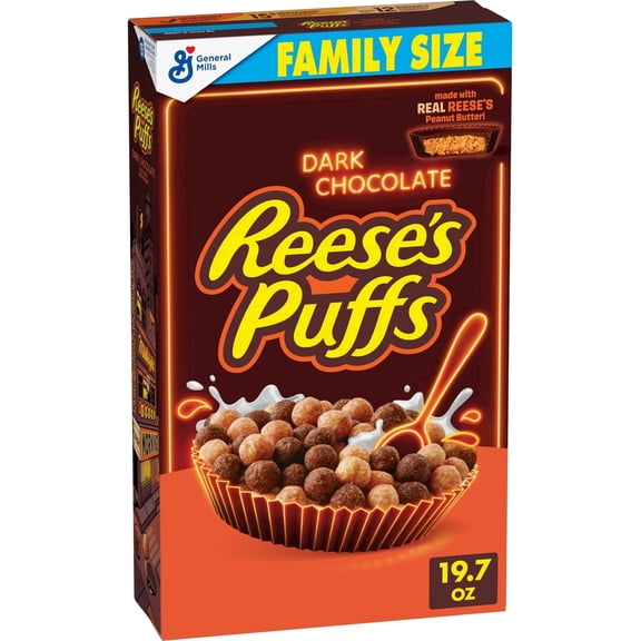 REESE'S PUFFS Dark Chocolate Cereal, with Real REESE'S Peanut Butter, Family Size, 19.7 oz