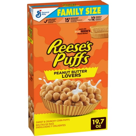 REESE'S PUFFS Peanut Butter Lovers Breakfast Cereal, Family Size, 19.7 oz