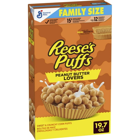 REESE'S PUFFS Peanut Butter Lovers Breakfast GJM1 Cereal, Made with Whole Grain and Real REESE'S Peanut Butter, Family Size, 19.7 oz