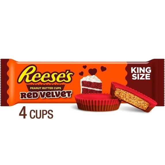 REESE'S Red Velvet Flavored Milk Chocolate King Size Peanut Butter Cups, Valentine's Candy Pack, 2.8 oz