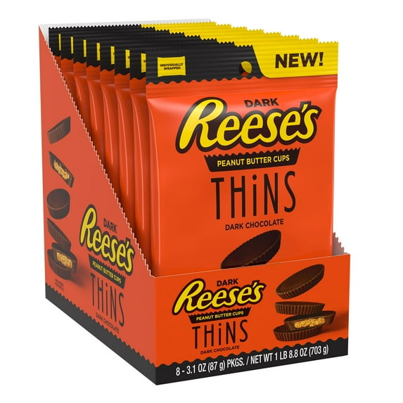 REESE'S, THiNS Dark Chocolate Peanut Butter Cups Candy, Individually Wrapped, 3.1 oz, Packs (8 Count)