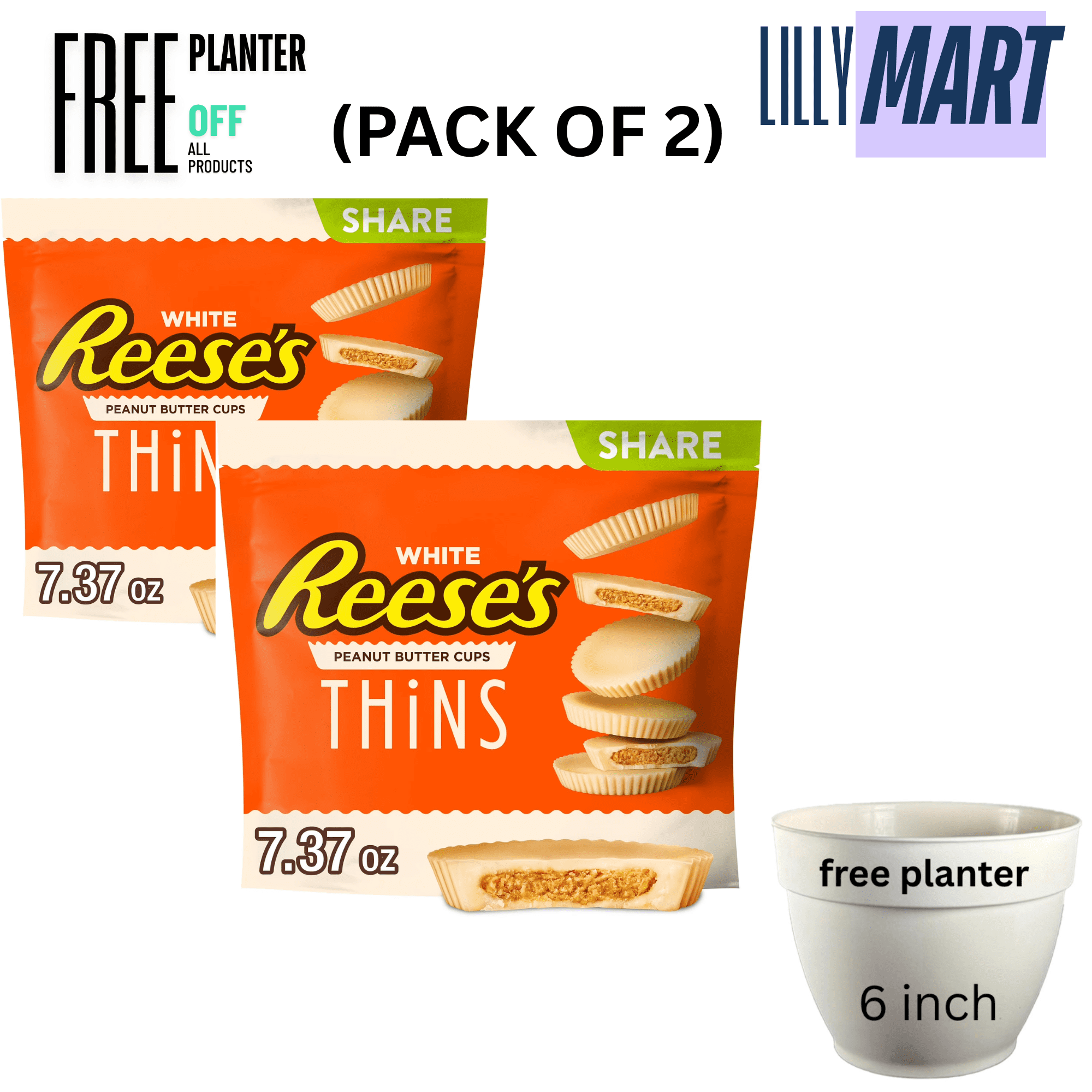 REESE'S THiNS White Creme Peanut Butter Cups, Individually Wrapped Candy Share Pack, 7.37 oz (pack of 2)