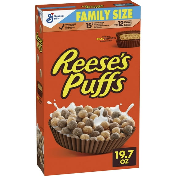 REESE's PUFFS Chocolatey Peanut Butter Cereal, Kid Breakfast Cereal, Family Size, 19.7 oz (Pack 4)