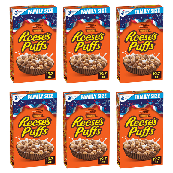 REESE's PUFFS Chocolatey Peanut Butter Cereal, Kid Breakfast Cereal, Family Size, 19.7 oz (Pack 6)