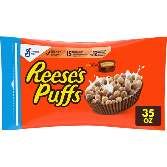 REESE'S PUFFS Breakfast Cereal, Chocolatey Peanut Butter Cereal Bag, 35 oz
