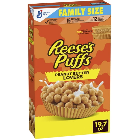 REESE's PUFFS Peanut Butter Lovers Cereal, Made with Whole Grain, Family Size, 19.7 oz