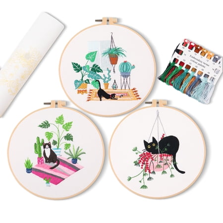 4 pcs of embroidery starter kit with patterns and instructions, DIY adult beginner cross stitch kits, including 2 plastic embroidery rings, 1 pair of scissors, colored threads and needles