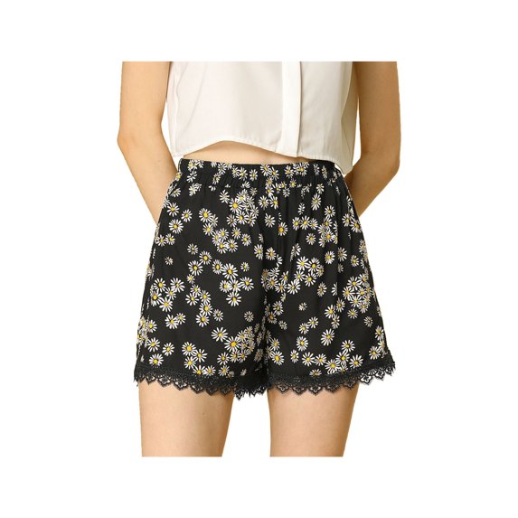 REFINED ATTIRE Juniors Floral Printed Lace Trim Elastic Waist Shorts