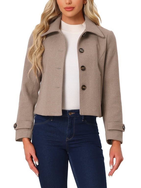 Women's Short Peacoat Turn Down Collar Single Breasted Button Closure Overcoat Dark Beige S