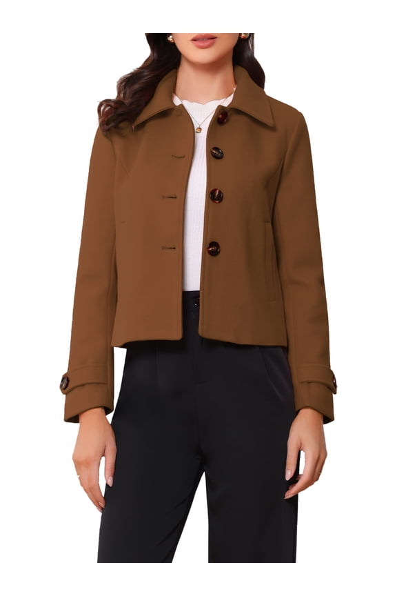 Women's Short Peacoat Turn Down Collar Single Breasted Button Closure Overcoat Dark Brown XS