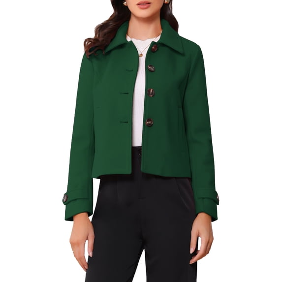 REFINED ATTIRE Women's Short Peacoat Turn Down Collar Single Breasted Button Closure Overcoat Dark Green XS