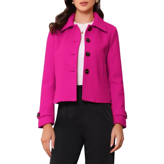 REFINED ATTIRE Women's Short Peacoat Turn Down Collar Single Breasted Button Closure Overcoat Hot Pink XL