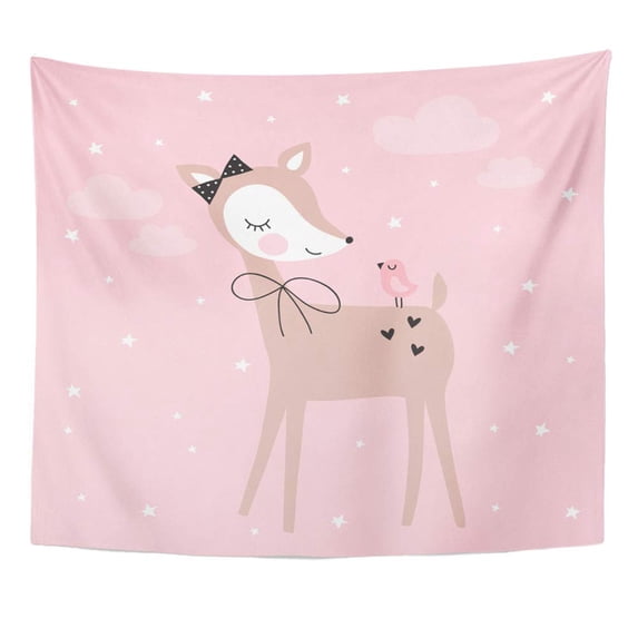 REFRED Brown Cute Pretty Deer Bird Pink Bambi Doe Wall Art Hanging Tapestry Home Decor for Living Room Bedroom Dorm 60x80 inch