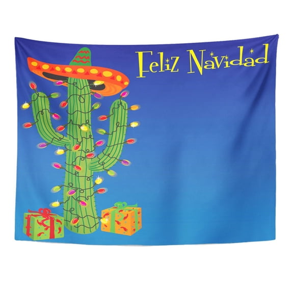 REFRED Celebration Feliz Navidad Cactus Wrapped with Christmas Lights and Sombrero Chill Wall Art Hanging Tapestry Home Decor for Living Room Bedroom Dorm 60x80 inch